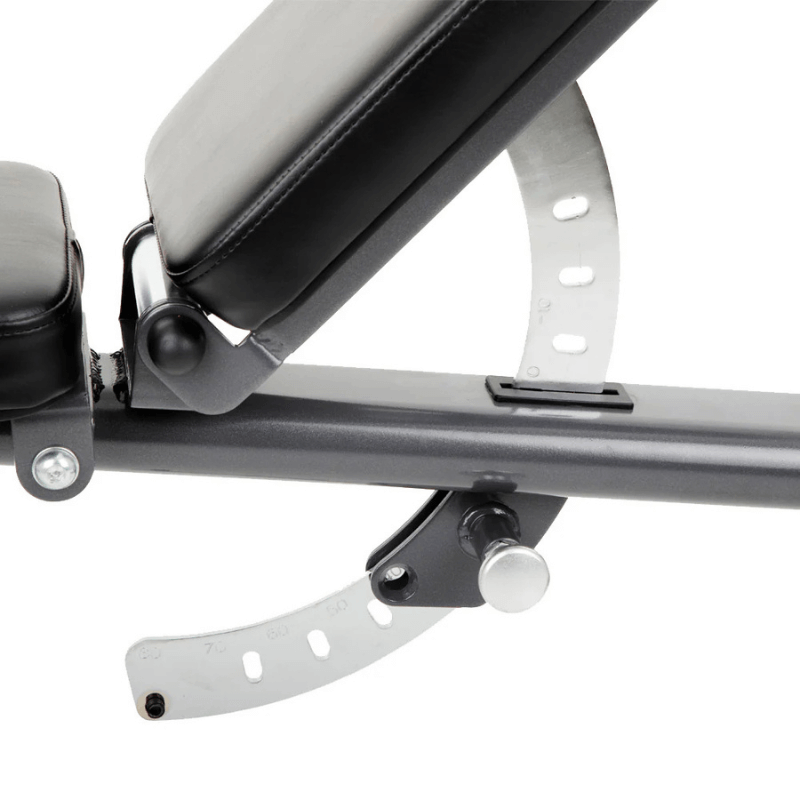 Close-up of the TKO FID Bench adjustable support mechanism showing the incline settings.