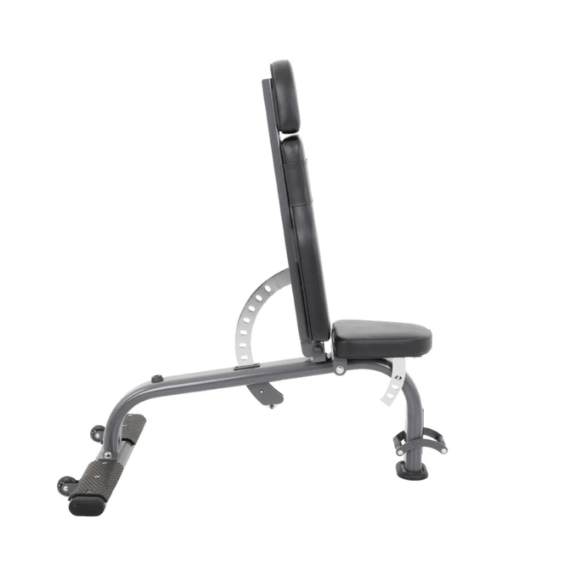 Side view of the TKO FID Bench, showcasing its adjustable padded seat and stability for various strength training exercises.
