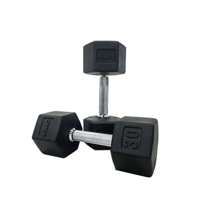 TKO 3-25lb Straight Handle Rubber Hex Dumbbells w/ 8pr Vertical Rack