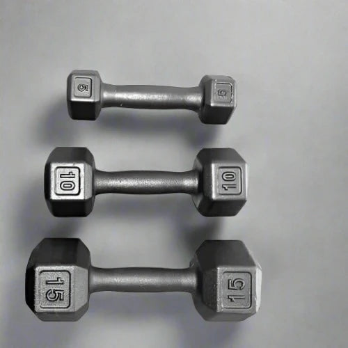 Biggins Iron Beginner Dumbbell Set - side view multiple dumbbells