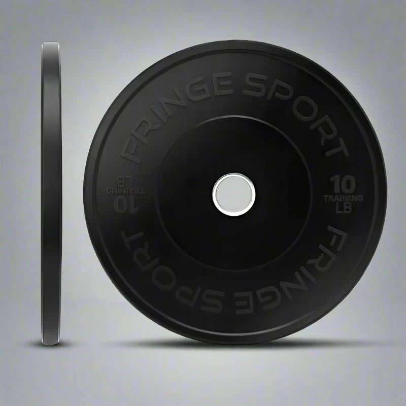 Fringe Sport Black Bumper Plate Pairs - front and side view