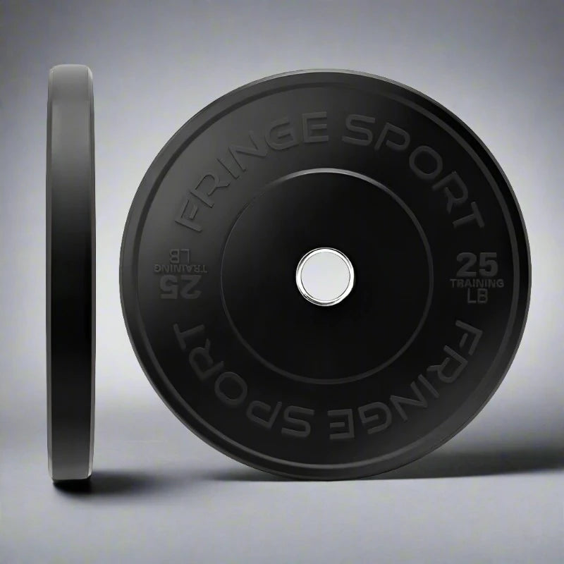 Fringe Sport Black Bumper Plate Pairs - front and side view