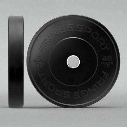 Fringe Sport Black Bumper Plate Pairs - front and side view