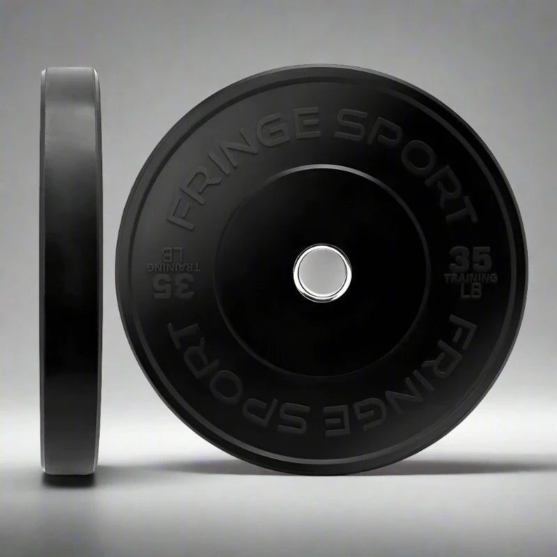 Fringe Sport Black Bumper Plate Pairs - front and side view