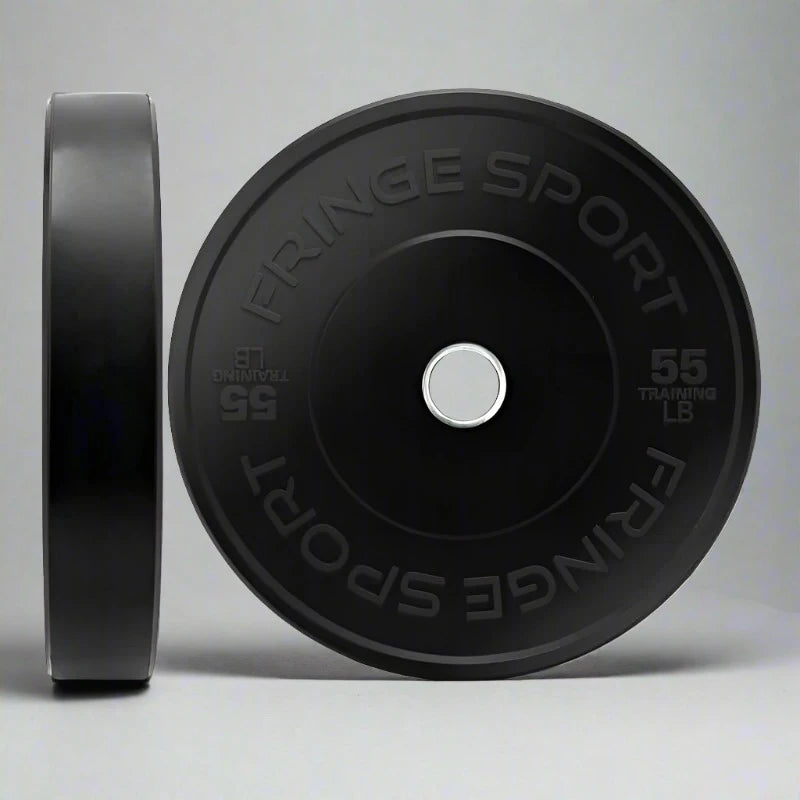 Fringe Sport Black Bumper Plate Pairs - front and side view