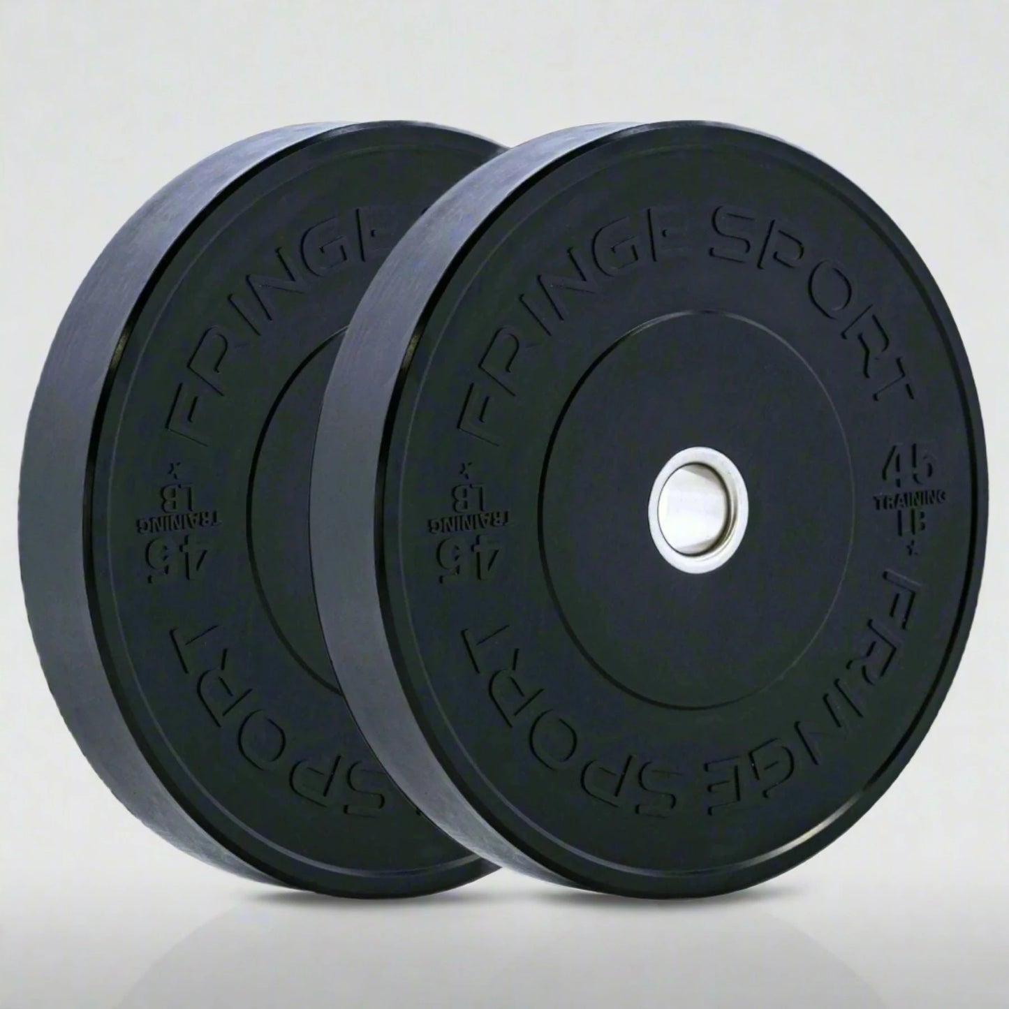 Fringe Sport Black Bumper Plate Pairs - front and side view