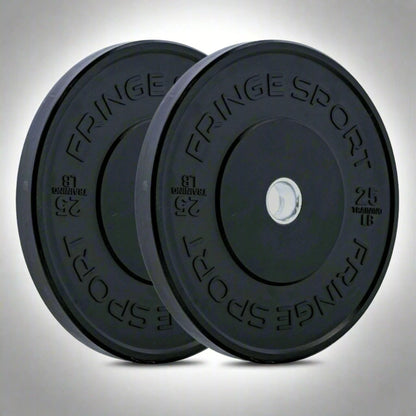 Fringe Sport Black Bumper Plate Pairs - front and side view