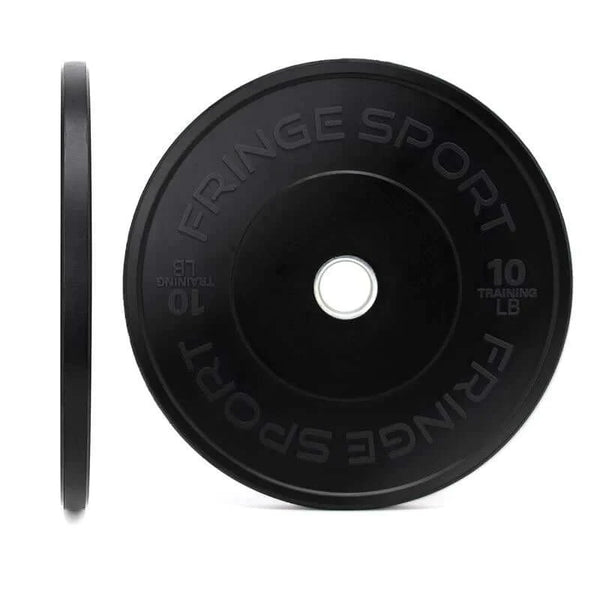 Fringe Sport Black Bumper Plate Pairs - front and side view